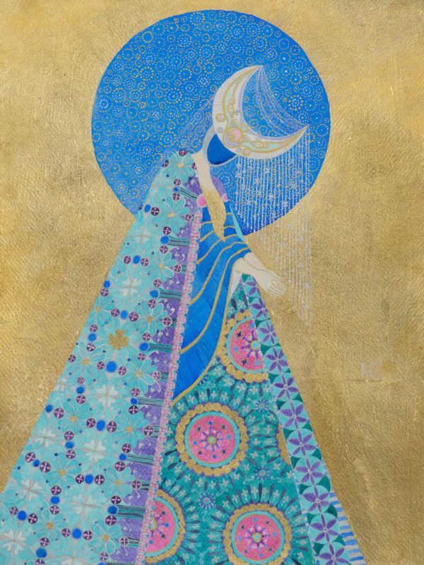 MoonLady. Ink on paper, golden leaf. 35x50 cm. 2025